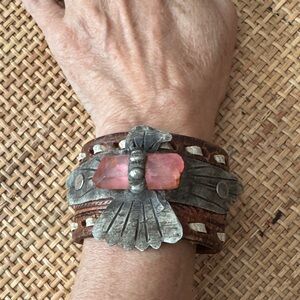 Vintage Leather Bracelet with Silver Thunderbird with Pink Quartz Stone